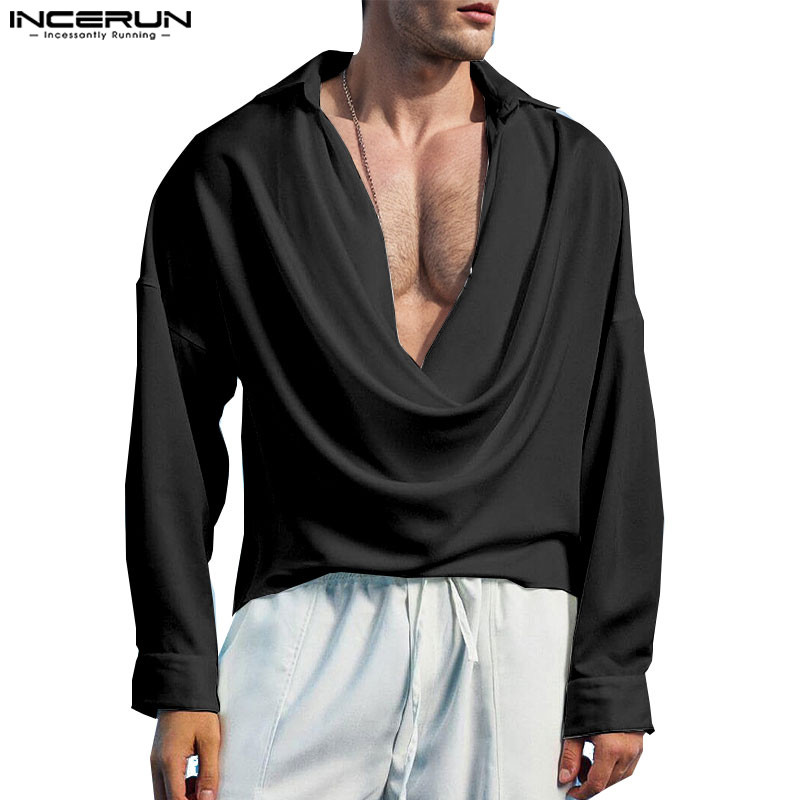 ไม่แน่นอน เสื้อเชิ้ตแขนยาวดีไซน์คอสวิงแฟชั่นวินเทจสําหรับผู้ชาย