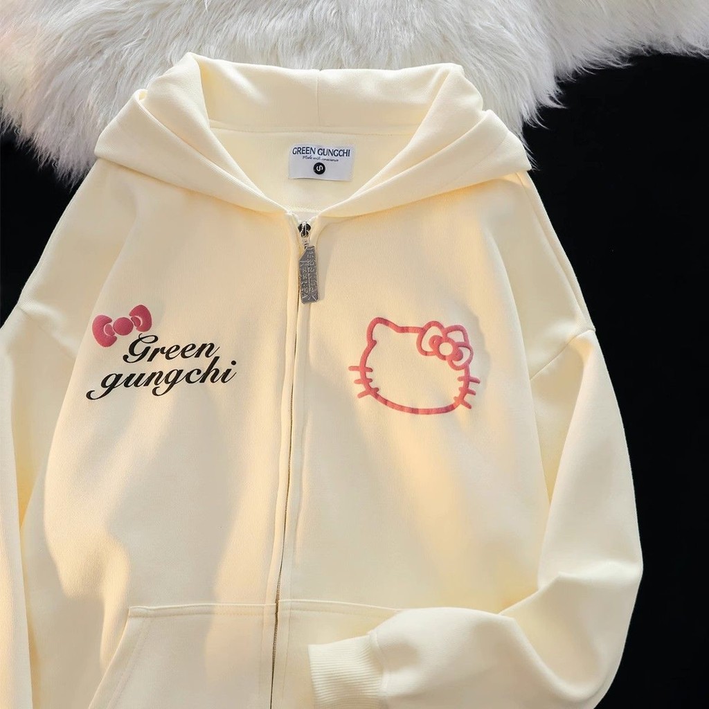 American High Street kitty Cat พิมพ์ซิป Hooded Sweatshirt นักเรียนหญิงขนแกะซับหลวม All-Match Niche Jacket 9.20