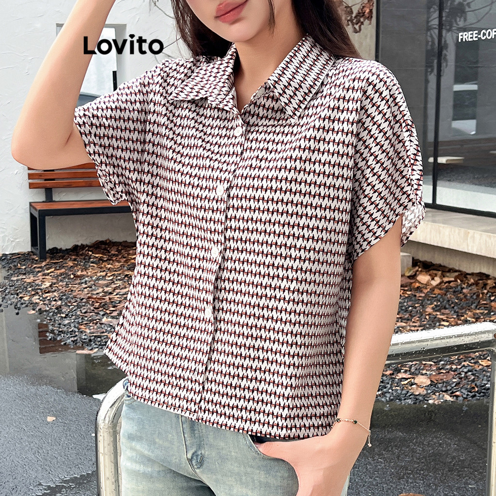 Lovito เสื้อเบลาส์ สีบล็อกทรงเรขาคณิตลำลองสำหรับผู้หญิง L104ED589