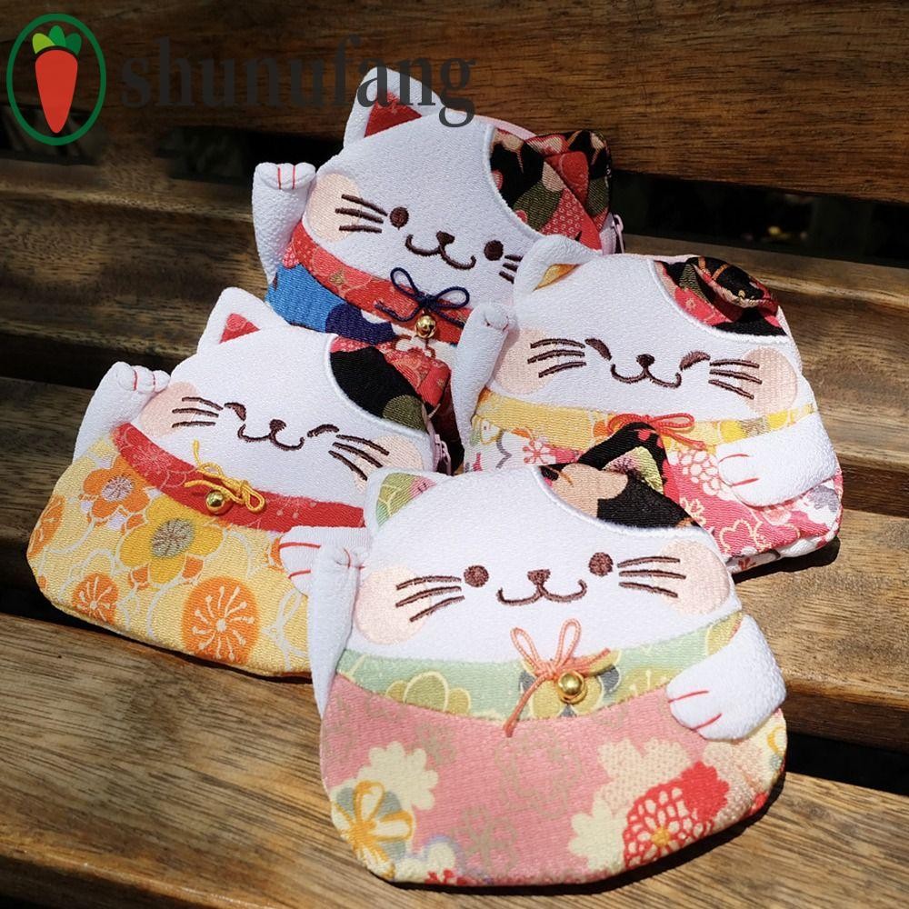 Unuf กระเป๋าคลัทช์แมวนําโชค กระเป๋าสตางค์สไตล์ญี่ปุ่น Maneki Neko กระเป๋าใส่เหรียญ พิมพ์ลายดอกไม้อเนกประสงค์ PU ใส่บัตรผู้หญิง