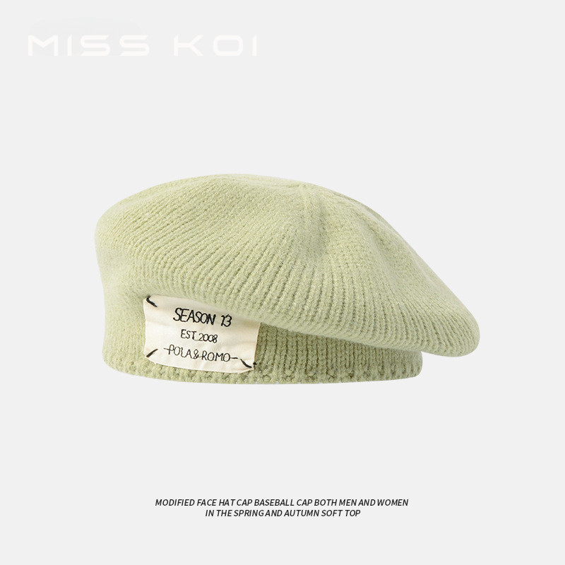 Misskoi [คลังสินค้าพร้อม] British Retro Beret หญิงฤดูใบไม้ร่วงฤดูหนาว Patch ถักวรรณกรรมจิตรกรหมวกเกาหลีรุ่น All-Match หมวกอบอุ่น