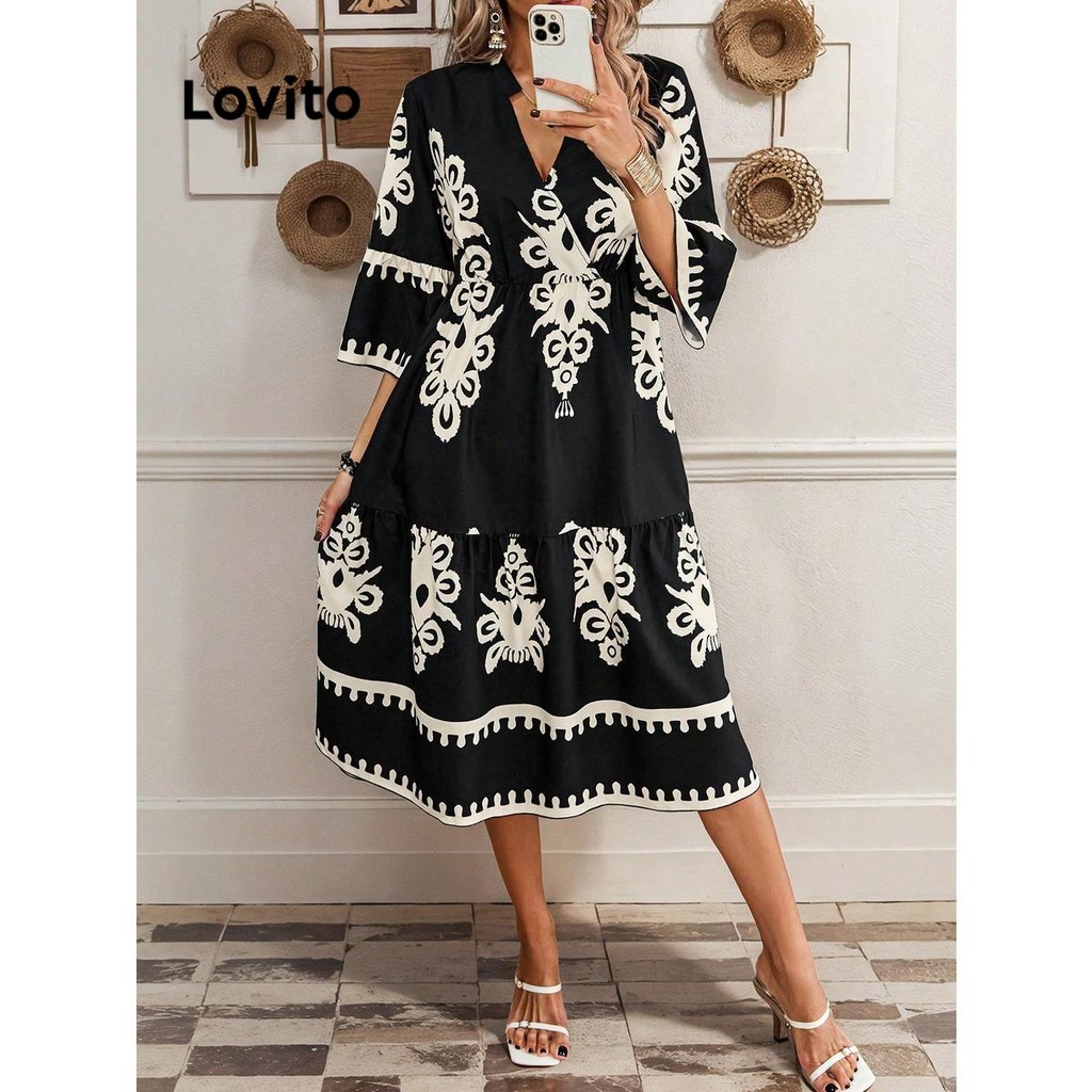 Lovito ชุดเดรสดอกไม้เขตร้อน โบโฮ สำหรับผู้หญิง LNL72501