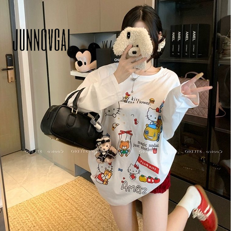 Junnovgal เสื้อยืดผู้หญิง 2024 ทรงหลวมการพิมพ์การ์ตูนสไตล์ใหม่แขนยาวคอกลม