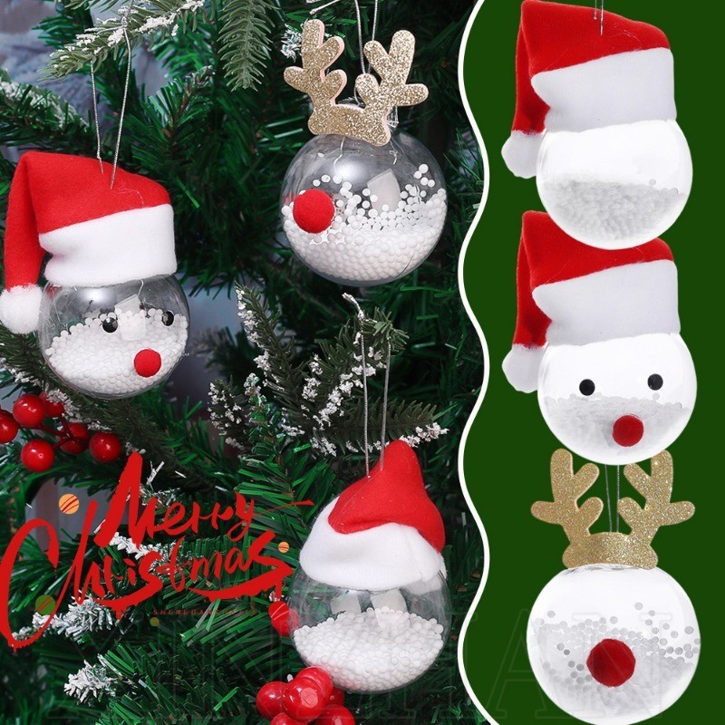 Antler Snowman หมวกคริสต์มาสลูกบอลแขวน - จี้ต้นคริสต์มาส - จี้ DIY บรรยากาศตกแต่ง - สําหรับเทศกาลเครื่องประดับปาร์ตี้ - คริสต์มาสโปร่งใส PE Ball Charms