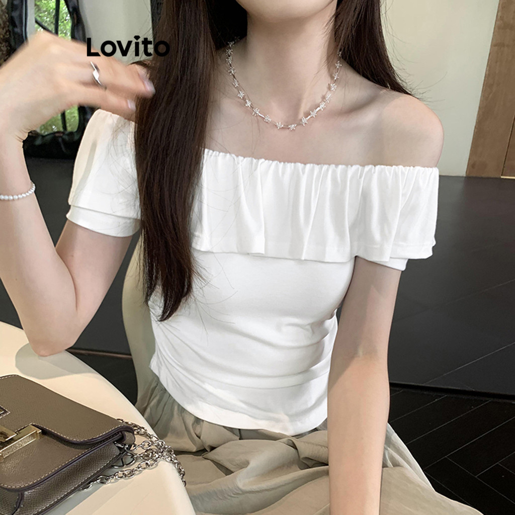 Lovito เสื้อยืดผู้หญิง เปิดไหล่ สีพื้น สไตล์ลำลอง LNA69216
