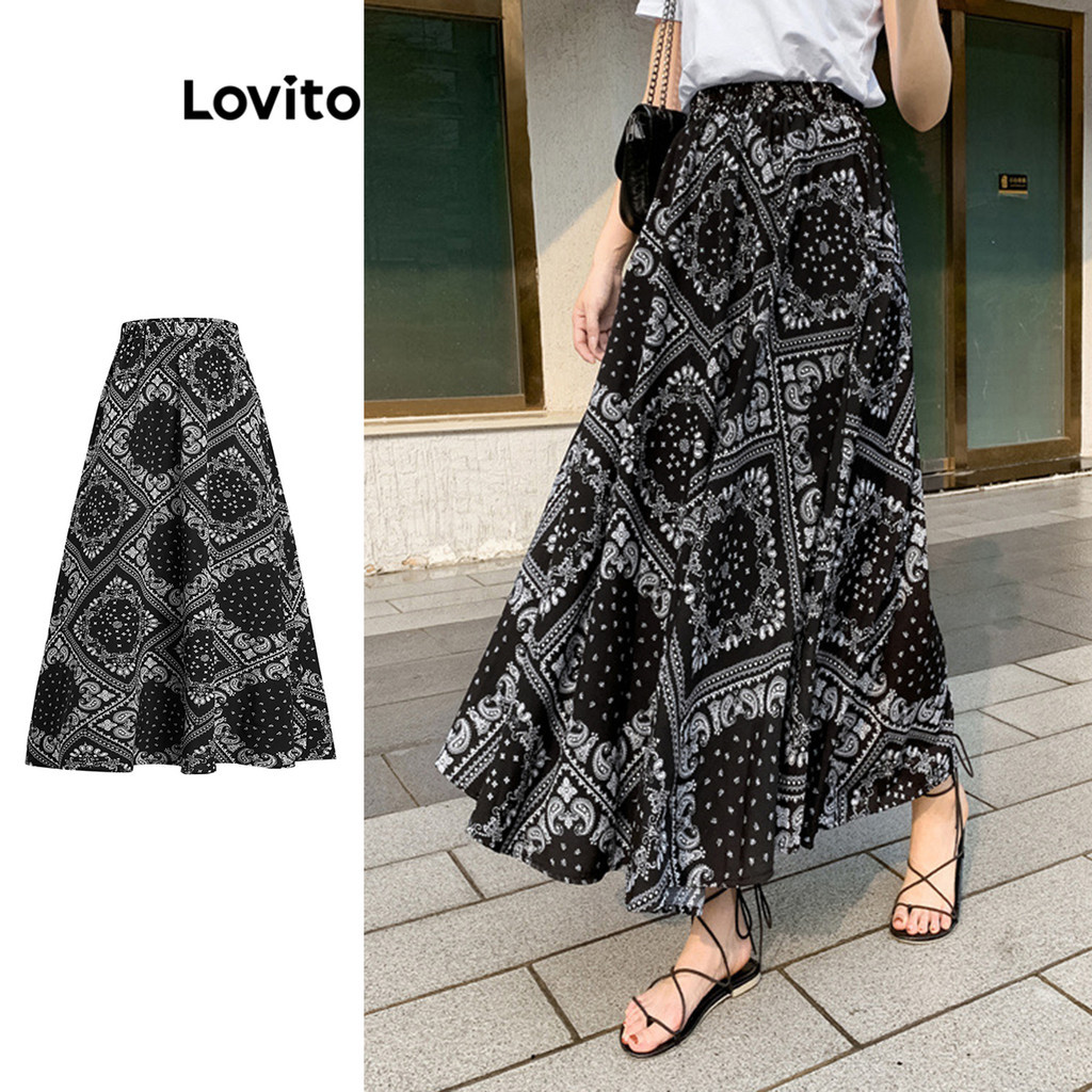 Lovito กระโปรงผู้หญิง พิมพ์ลายแนวชนเผ่า สไตล์โบโฮ L96MD145