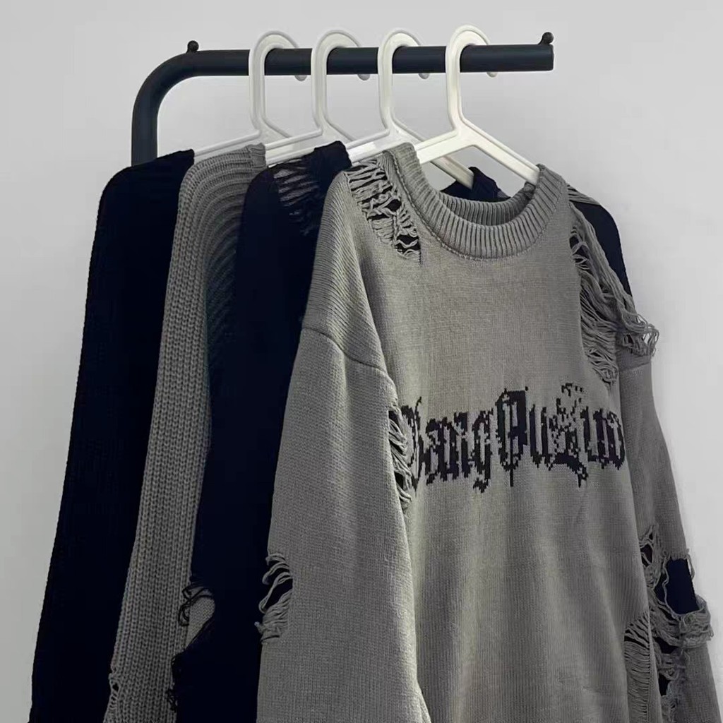 American Style Ripped Retro อินเทรนด์ High Street แฟชั่นเสื้อสเวตเตอร์ทรงหลวมคอกลมเรียบง่าย