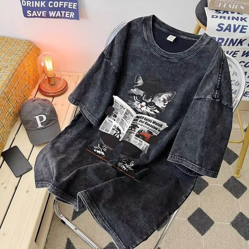 ผ้าคอตตอน100% Qkoole เสื้อ oversize ฟอก เสื้อยืดคอกลมแขนสั้น สไตล์ฮิปฮอป เรโทร I000718