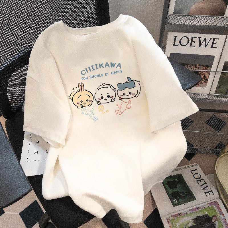 เกาหลี เสื้อแบบดารา เสื้อยืดแขนสั้น CMDXY1242 ผู้ชาย ผู้หญิง ลายทาง ตัวอักษร หลวม ลายสกรีน ฤดูร้อน ฤดูใบไม้ผลิ