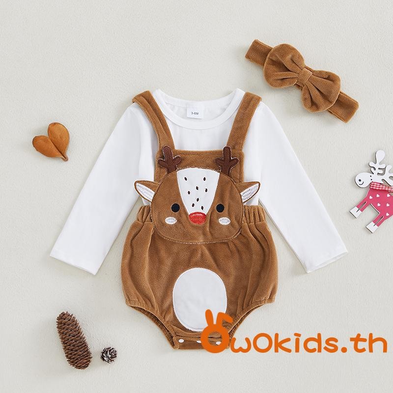 Grao-baby Girls 3PCS ชุดคริสต์มาสเสื้อแขนยาวการ์ตูน Elk Overalls ชุดที่คาดผม