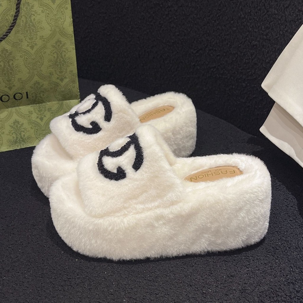 Furry รองเท้าแตะผู้หญิงรองเท้าแตะสไตล์ใหม่หนา Soled ฤดูใบไม้ร่วงฤดูหนาวทั้งหมด @