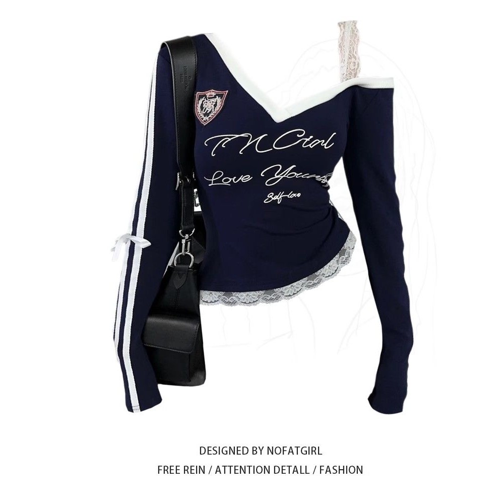 เสื้อยืดแขนยาวลูกไม้คอวีคลาสสิกอเมริกันสําหรับผู้หญิง