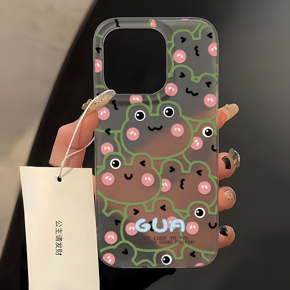 Cute Frog เคสสีดำด้านสำหรับ iPhone 15 14 Plus 16 Pro MAX 11 12 13 เคสโทรศัพท์ เคสโทรศัพท์มือถือนิ่ม แบบใส แต่งรูขนาดใหญ่