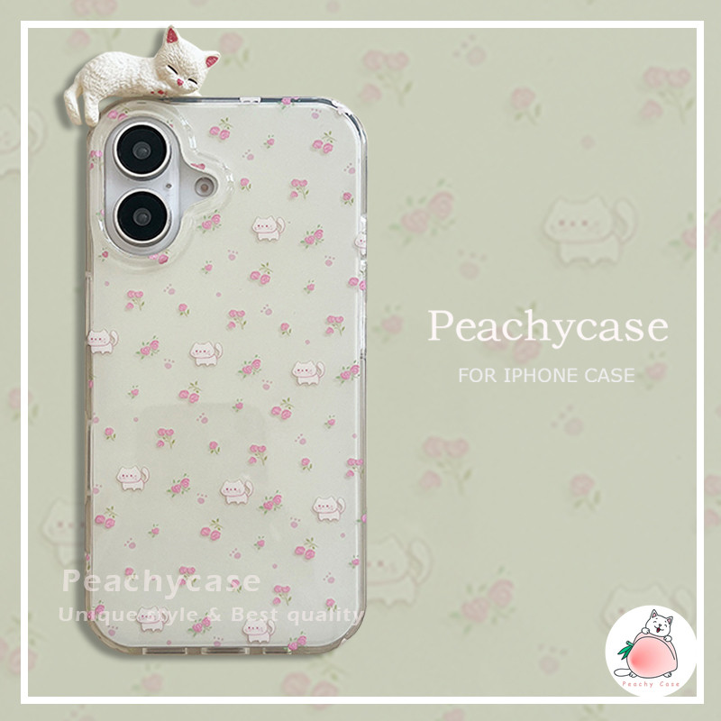 เกาหลี 3D แมวดอกไม้สีชมพูเคสโทรศัพท์สําหรับ iPhone 16 15 14 13 Pro Max 15promax iPhone16 Big Hole Anti-scratch IMD ปกหลังปลอก