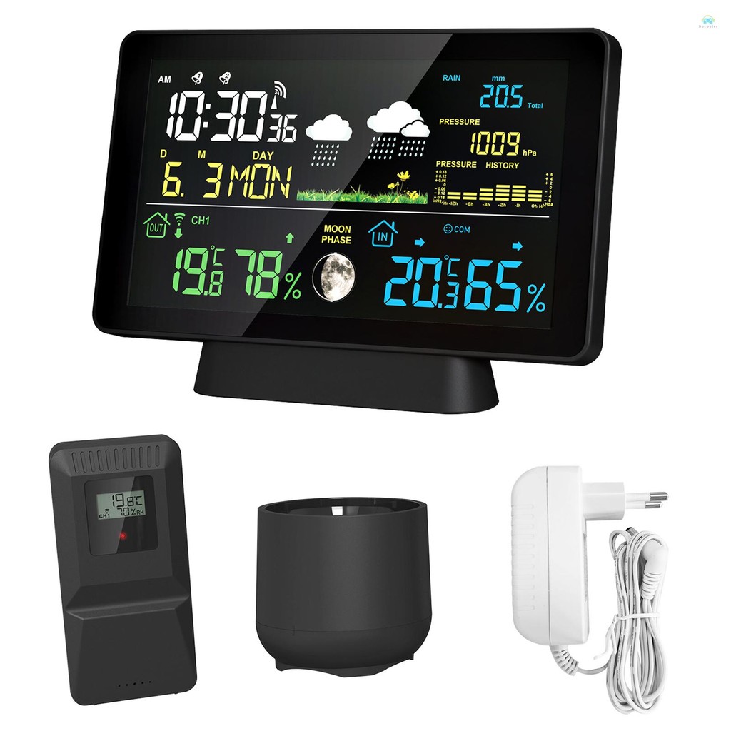 Yb1 Weather station7.5- นิ้วหน้าจอสีสถานีอากาศ Rain Gauge ในร่มและกลางแจ้งอุณหภูมิและความชื้นสถานีอากาศพร้อมจอแสดงผล Moon Phase ความดันบรรยากาศ