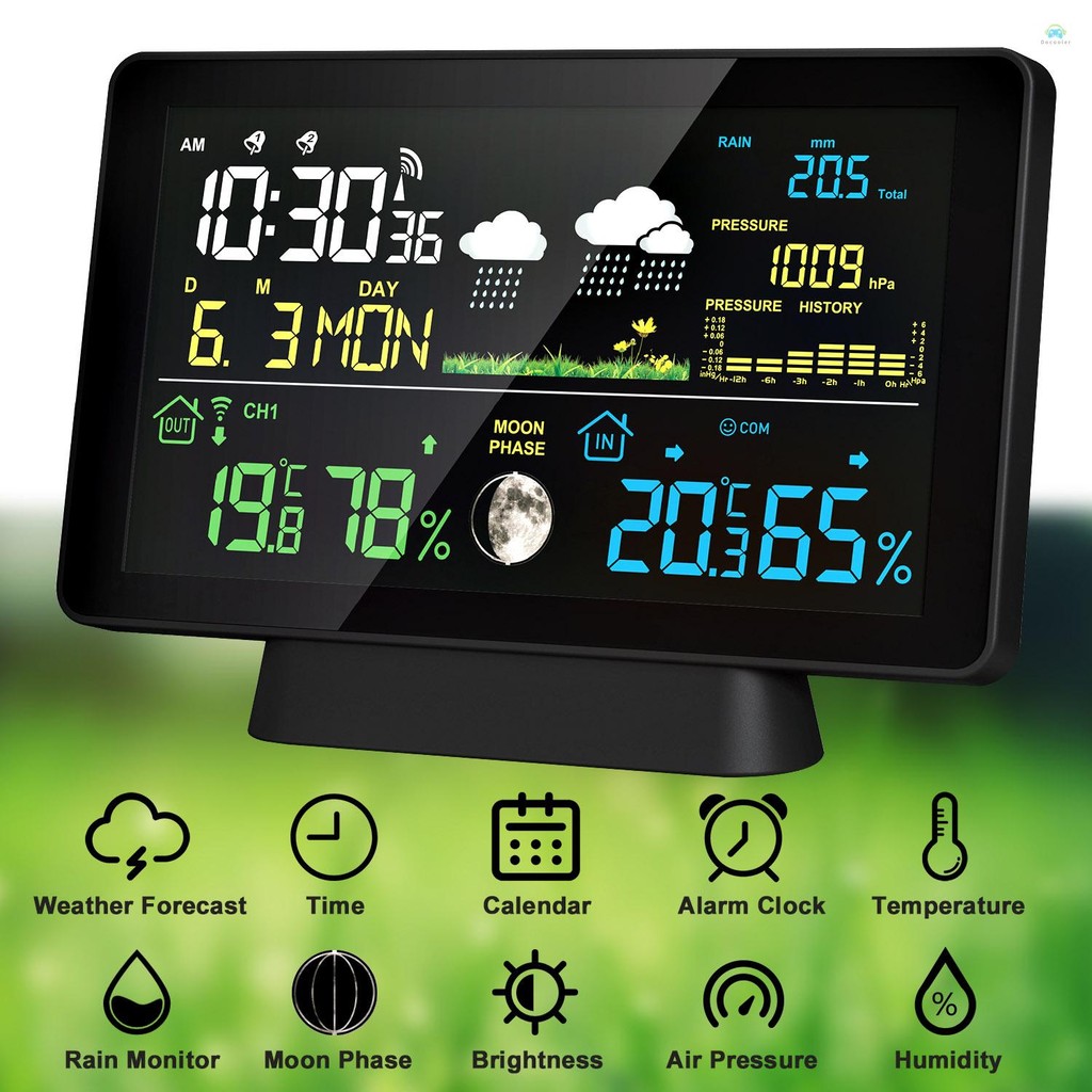 Yb1 Weather station7.5- นิ้วหน้าจอสีสถานีอากาศ Rain Gauge ในร่มและกลางแจ้งอุณหภูมิและความชื้นสถานีอากาศพร้อมจอแสดงผล Moon Phase ความดันบรรยากาศ