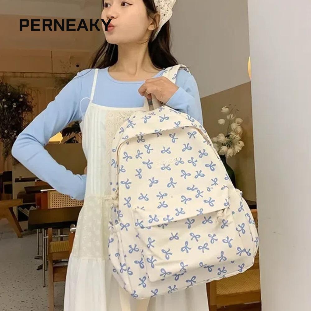 Perneaky กระเป๋าเป้สะพายหลังนักเรียน,กระเป๋าเป้สะพายหลังผู้หญิงไนลอนความจุขนาดใหญ่,แบบพกพาโบว์พิมพ์สายรัดปรับได้ผู้หญิงกระเป๋านักเรียนเดินทาง