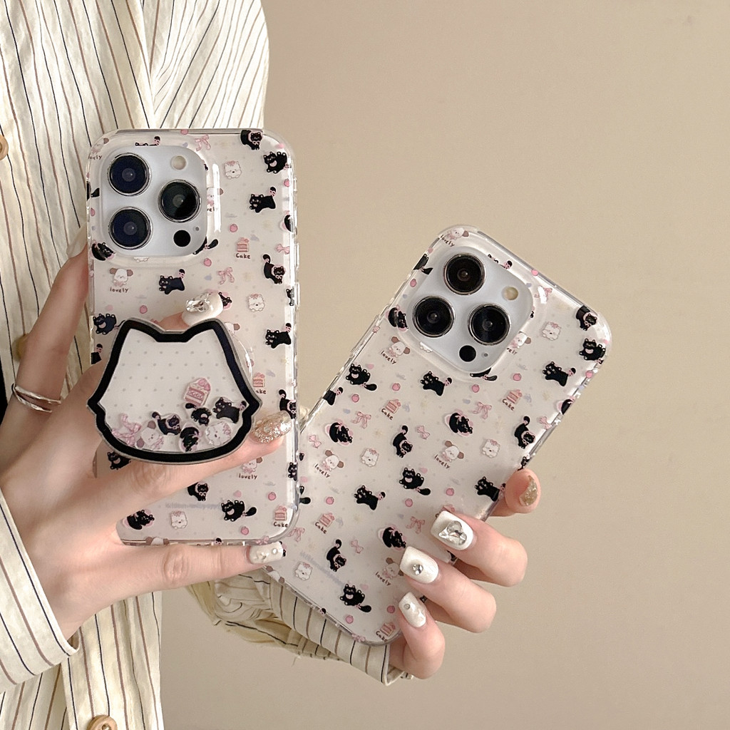 Full Black Cat bowknot เค้ก andwobble Stand สองด้าน IMD สำหรับ Apple iPhone 16 15 14 13 12 PRO MAX กันกระแทก