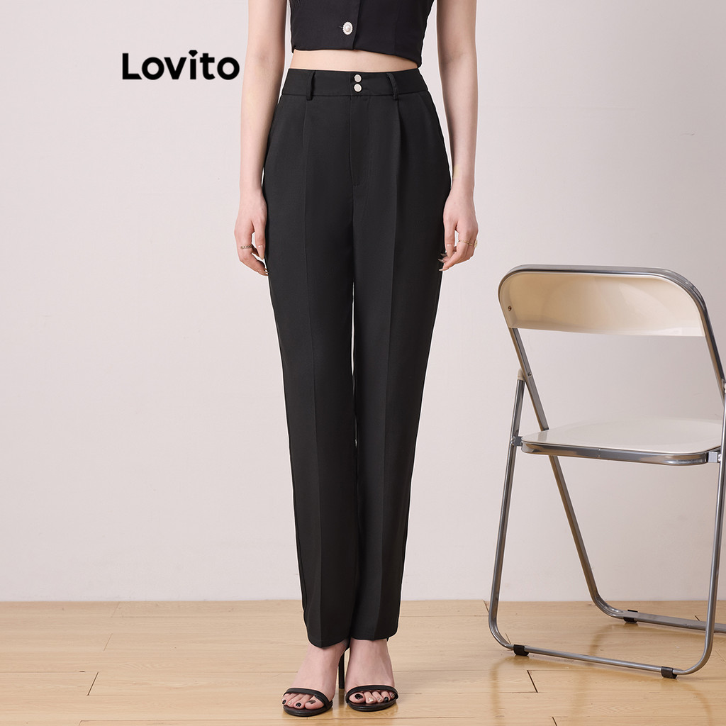 Lovito ปุ่มธรรมดาหรูหราหรูหราปุ่มธรรมดากระเป๋ากางเกงสำหรับผู้หญิง L104ED038