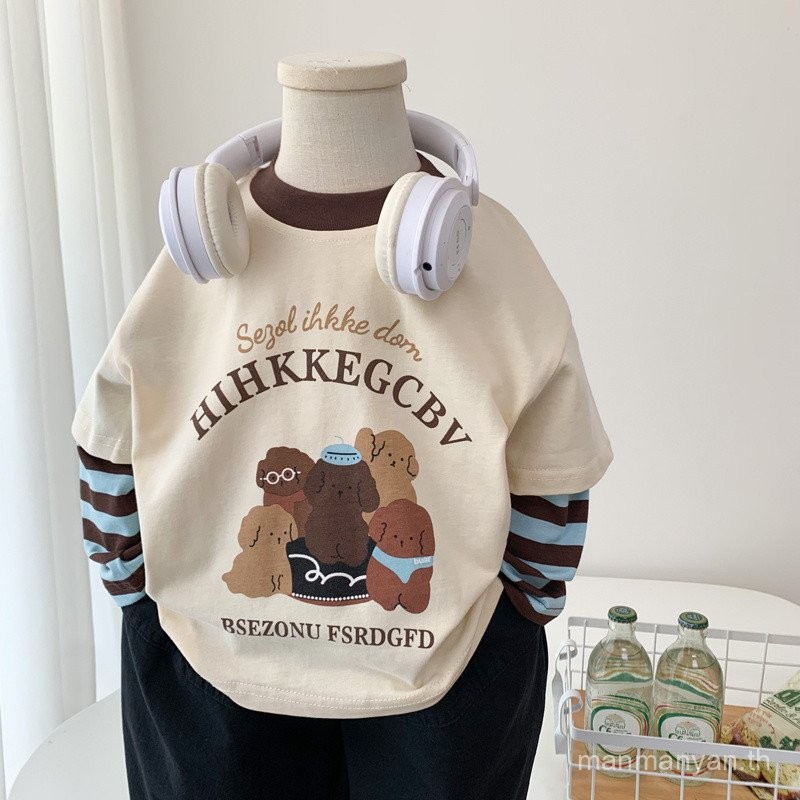 เสื้อยืดปลอมสองชิ้นเด็ก ลายการ์ตูน ผ้าฝ้าย ใส่สบาย สไตล์ตะวันตก รุ่นใหม่ 2024 สําหรับเด็กเล็กและกลาง