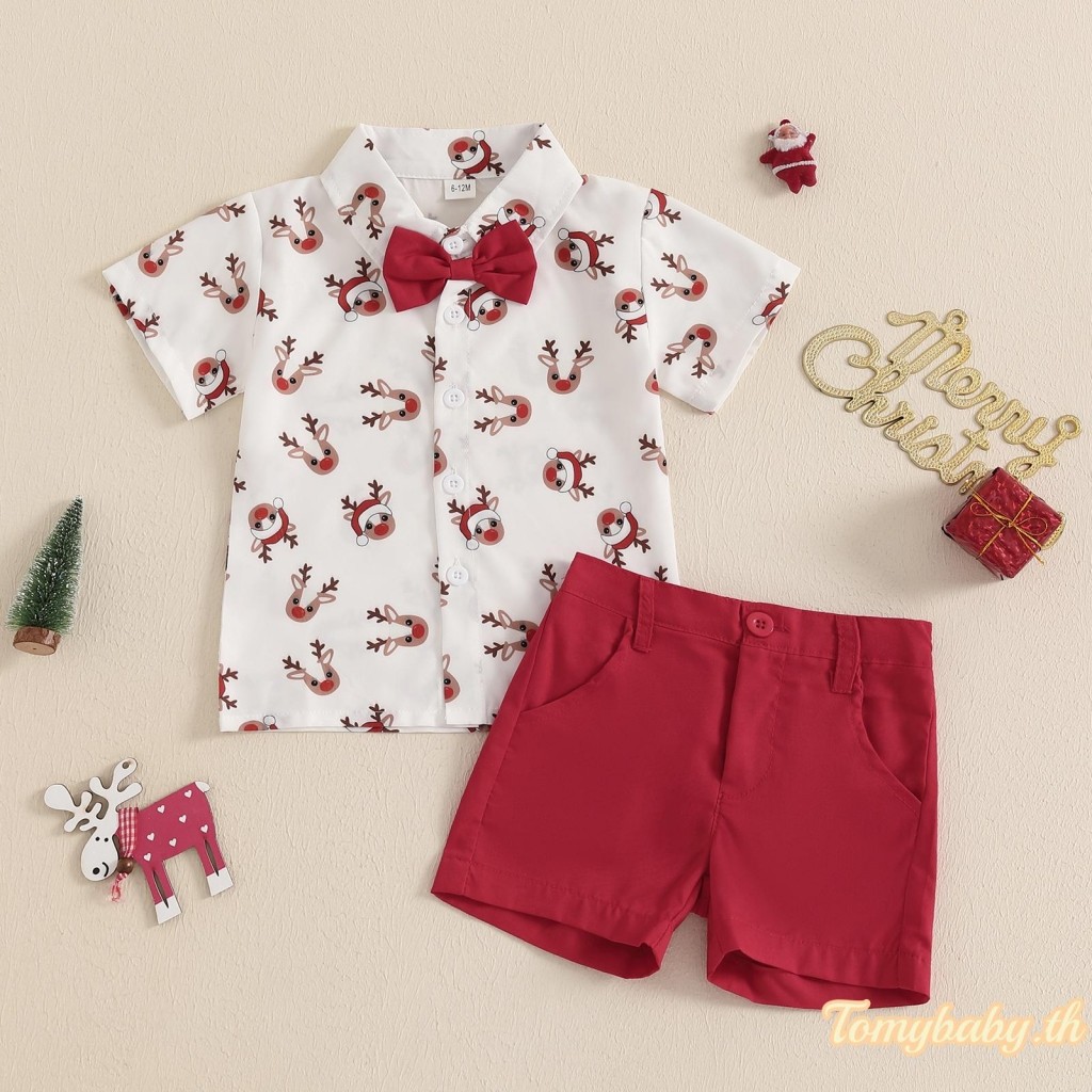 Tomybaby-2 ชิ้นเด็กทารกคริสต์มาสแขนสั้น Reindeer พิมพ์ Bowtie เสื้อ + กางเกงขาสั้นชุด