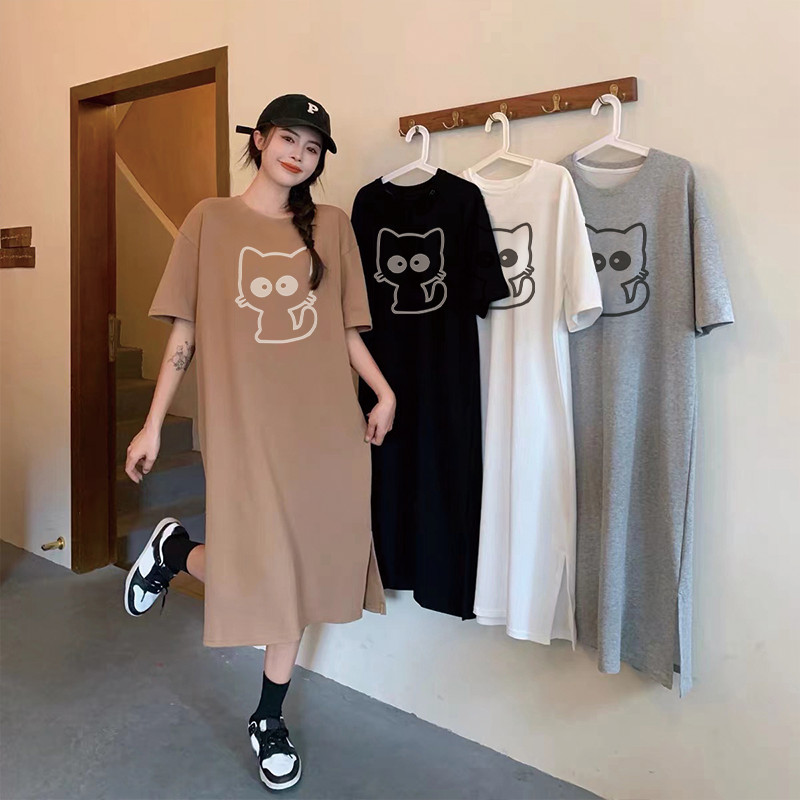 การ์ตูนแมวพิมพ์แขนสั้นผู้หญิง'ส ฤดูร้อนใหม่และฤดูใบไม้ร่วงหลวมรอบคอชุดบ้าน