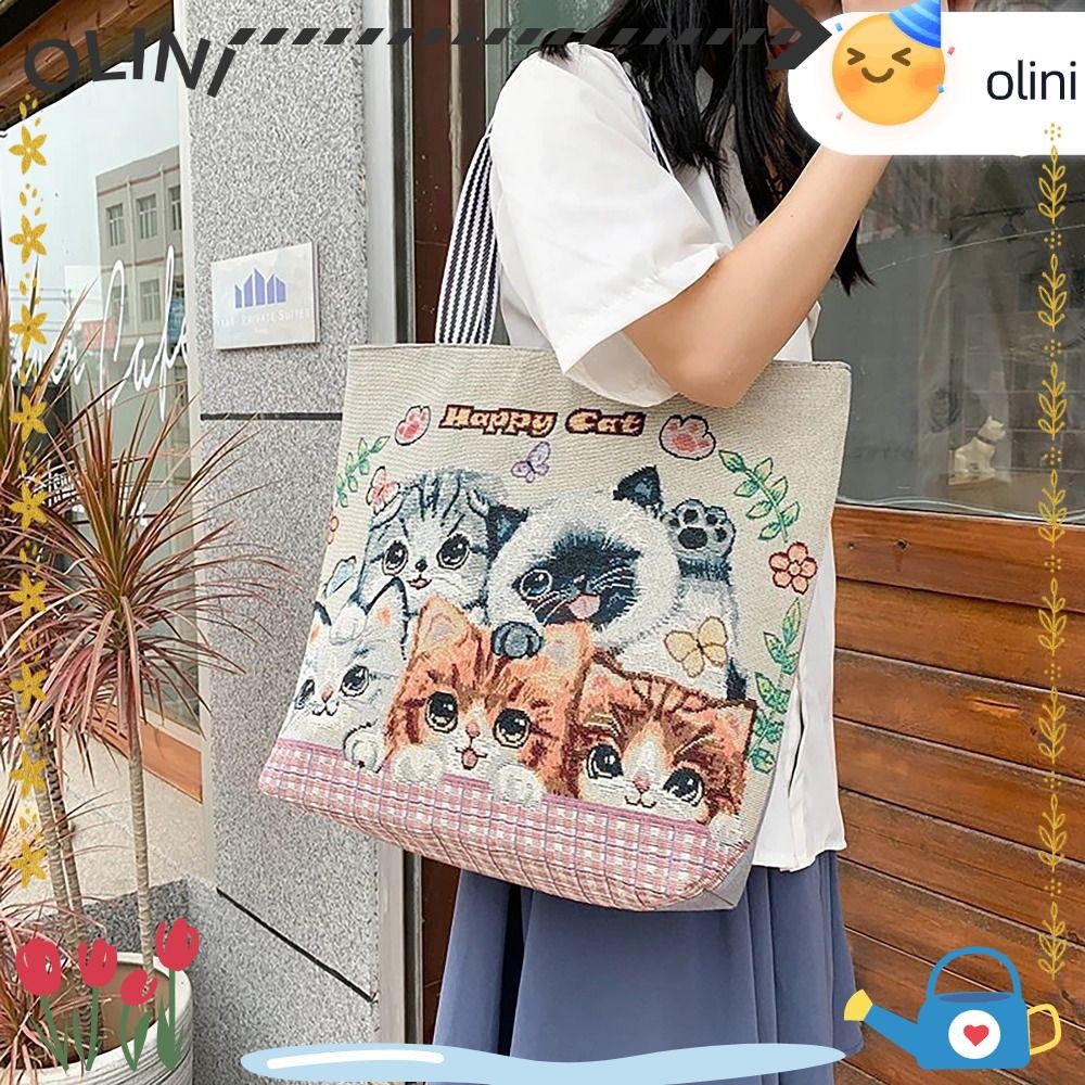 Olini Tote Bag, Vintage เย็บปักถักร้อยแมวสุนัขกระเป๋าถือ,น่ารักผ้าใบกระเป๋าสะพายความจุขนาดใหญ่ผู้หญิง