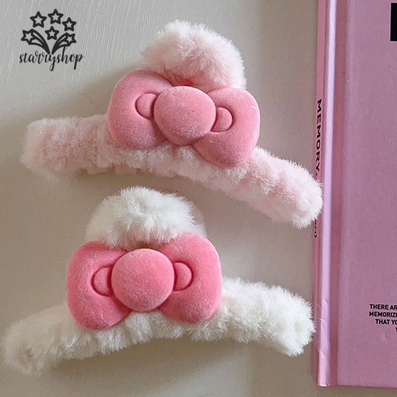 starryshopPink Bow Plush Hair Claw คลิปน่ารักอเนกประสงค์กิ๊บสาวหวานผมหยิกคลิปฉลาม