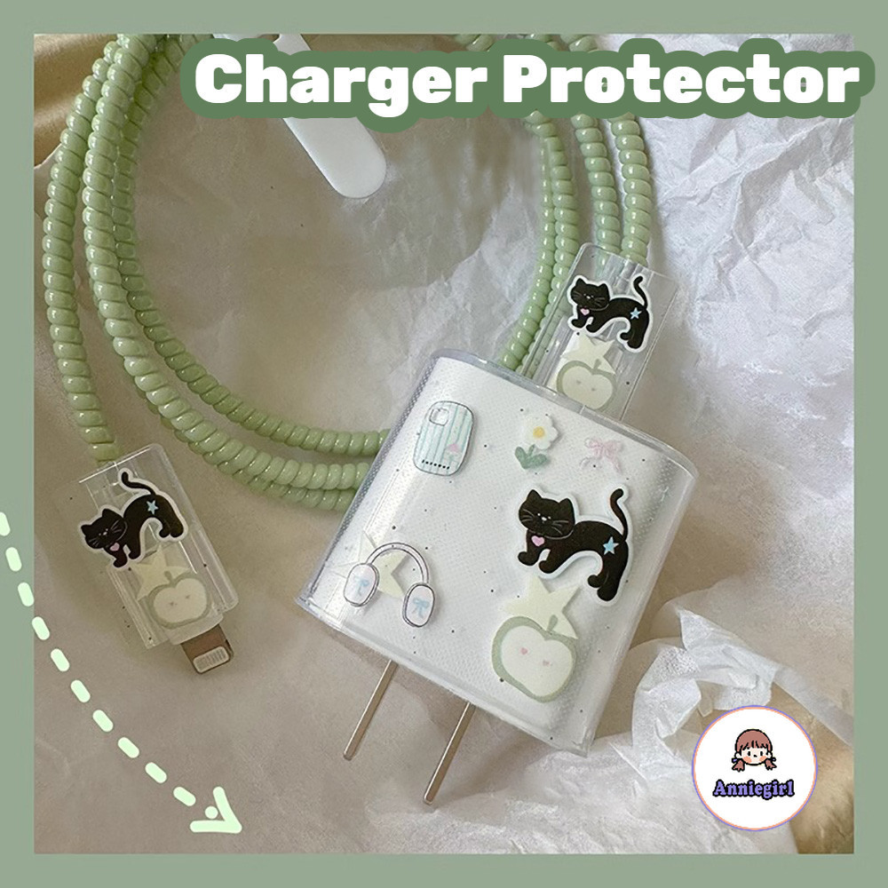 น่ารักแมวดําโปร่งใส Charger Protector สําหรับ Iphone 18/20W สีเขียว Data Line Winder ทนต่อการสึกหรอสาย Winder Protector สําหรับ USB/Type-C