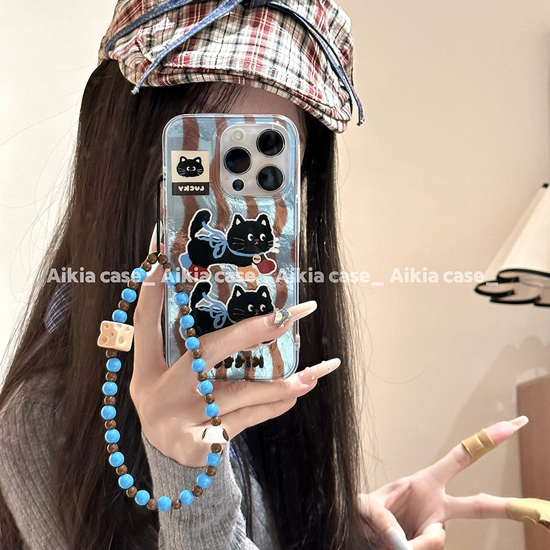 Huiwanju สีน้ําตาลลายแมวดํา iPhone13 เคสโทรศัพท์มือถือ iphone16promax ใหม่ 15promax ผู้หญิง 14 สองชั้นพร้อมโซ่เคสโทรศัพท์มือถือ iPhone16pro เหมาะสําหรับ