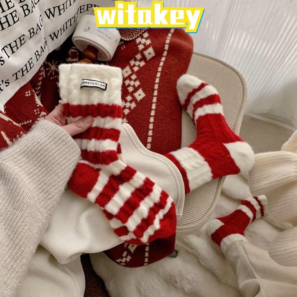 Witakey ถุงเท้ากํามะหยี่มิงค์, หรูหราผู้หญิงถุงเท้านอนความร้อน, บ้านนอนถุงเท้าชั้นฤดูใบไม้ร่วงฤดูหนาวปะการังกํามะหยี่สีแดงลายถุงเท้า