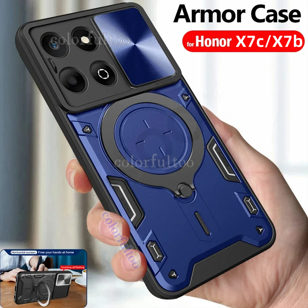ปลอกสําหรับ Honor X7c X 7C HonorX7C 4G 2024 เคสโทรศัพท์กันกระแทกโลหะเกราะแหวนวงเล็บ Stent Push ดึงเลนส์กล้องป้องกันกลับปลอกเชลล์