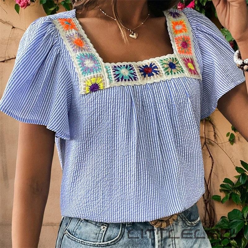 LTL-เสื้อเชิ้ตผู้หญิง คอเหลี่ยมปักลายดอกไม้ แขนสั้น