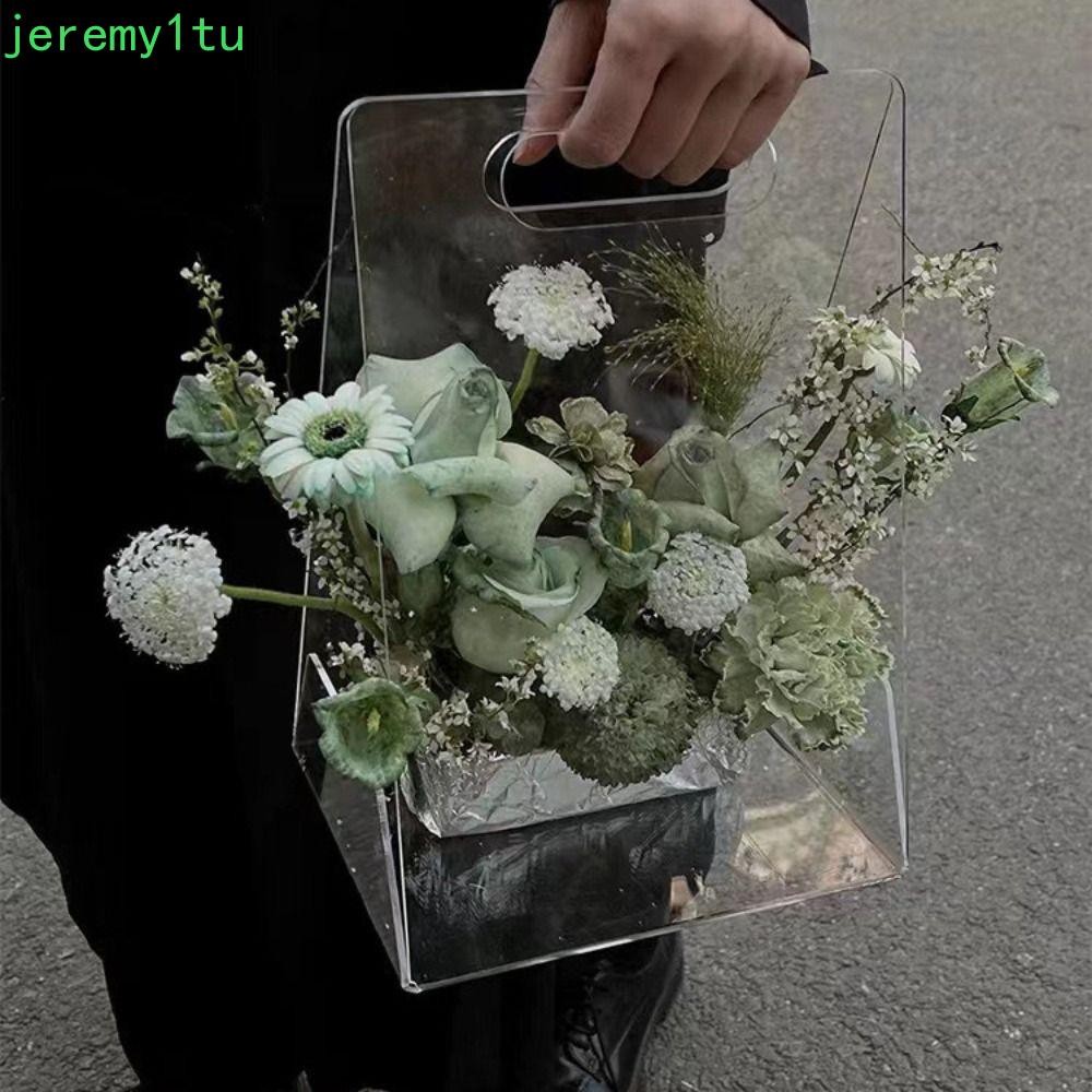 เจรีมี กล่องดอกไม้อะคริลิค,ถุงห่อช่อดอกไม้ถุงมือโปร่งใส,โรแมนติกแบบพกพานํามาใช้ใหม่บรรจุวัสดุกระเป๋าดอกไม้ห่อดอกไ