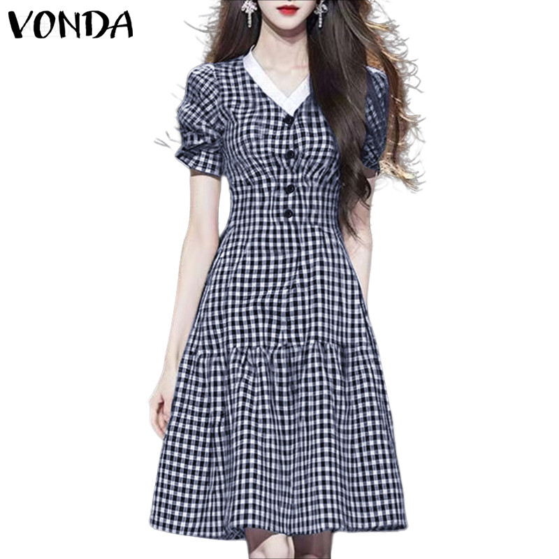 VONDA ผู้หญิงเกาหลี Ladylike สไตล์ V คอพัฟแขนรวบรวมชุดลายสก๊อตเอว