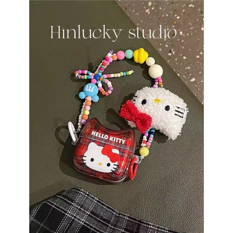 กระเป๋าถือ Hello Kitty ลายสก๊อต AirPods 4/3/2/1 เคสหูฟัง AirPodsPro2 ฝาครอบป้องกันป้องกันการตกซิลิโคน