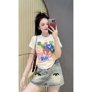 เสื้อยืดผู้หญิง ทรงสลิมฟิต สไตล์สาวฮอตสตรีท ใส่หน้าร้อน ใส่ได้ทุกวัน ระบายอากาศได้ดี ใส่สบาย แฟชั่น แขนสั้น