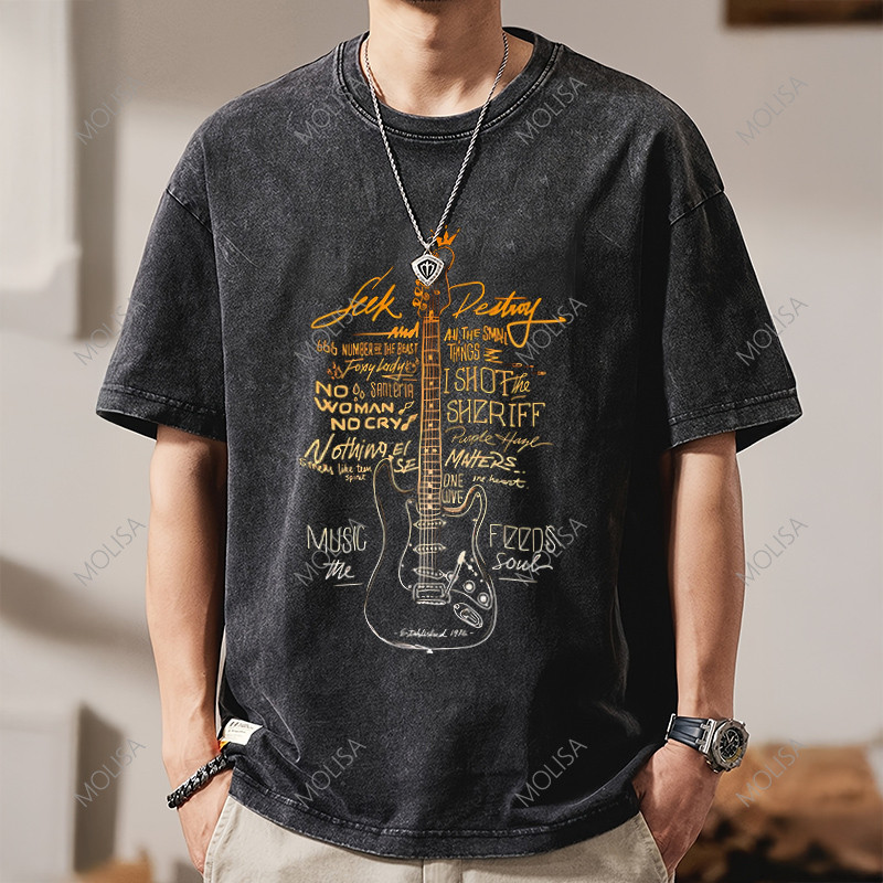 เสื้อยืดโอเวอร์ไซส์ Love Music รัก กีตาร์ ผ้าฟอก Tshirt สกรีนเสื้อ DTG เสื้อยืดคอกลม 68099#