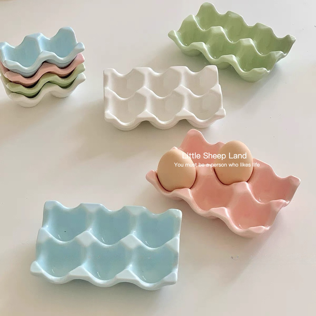 ถาดเซรามิคเก็บไข่ สีสันน่ารักมาก วางซ้อนกันได้ การจัดเก็บของสดในตู้เย็น