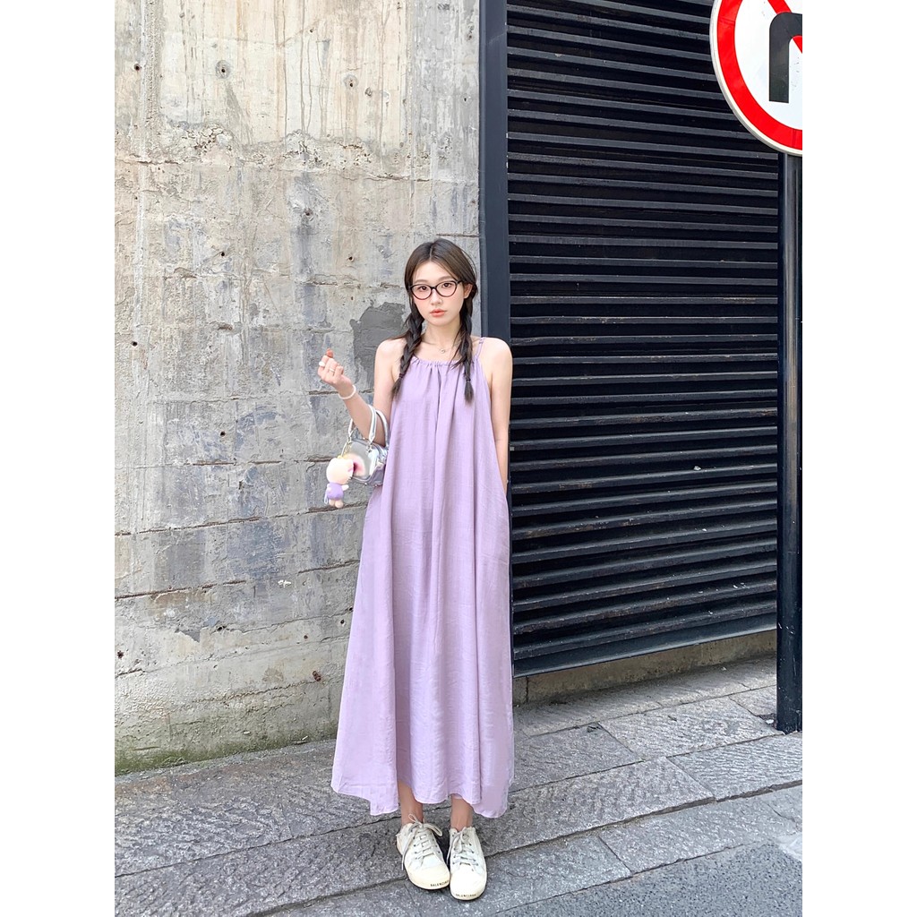 ชุดสลิงหลวมผู้หญิงฤดูร้อนสไตล์ใหม่วันหยุดอ่อนโยนกระโปรงยาวแขนกุดกระโปรง a-Line I Mink Happy ภายนอก H