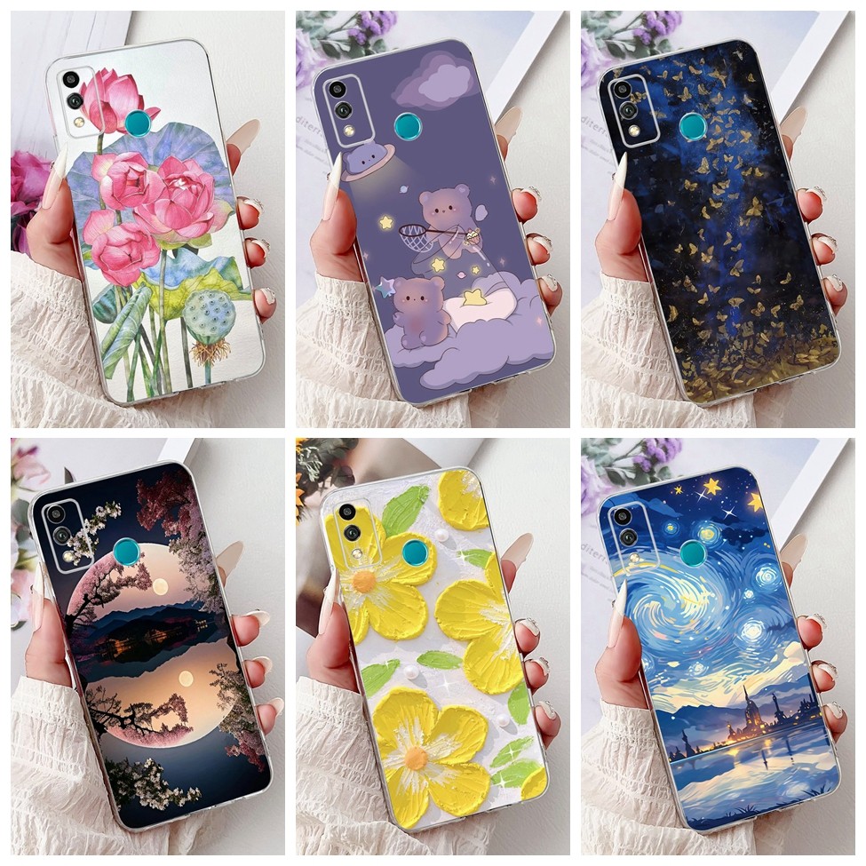Honor 9X Lite กรณี JSN-L22 Clear ความงามแมวน่ารักแฟชั่นดอกไม้ทาสีปกหลัง Honor 9X Lite เคสโทรศัพท์ JS