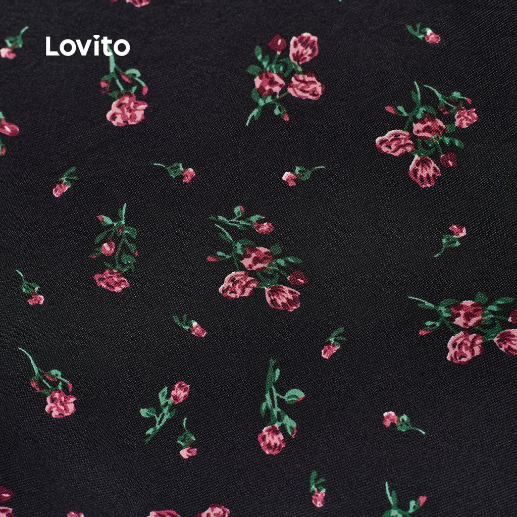 Lovito ชุดเดรสลูกไม้หรูหราแบบลิ้นชัก สไตล์รีสอร์ท เสื้อผ้าฤดูใบไม้ผลิ/ฤดูร้อน สีดำ สำหรับผู้หญิง LBL27022 - รูปที่ 4