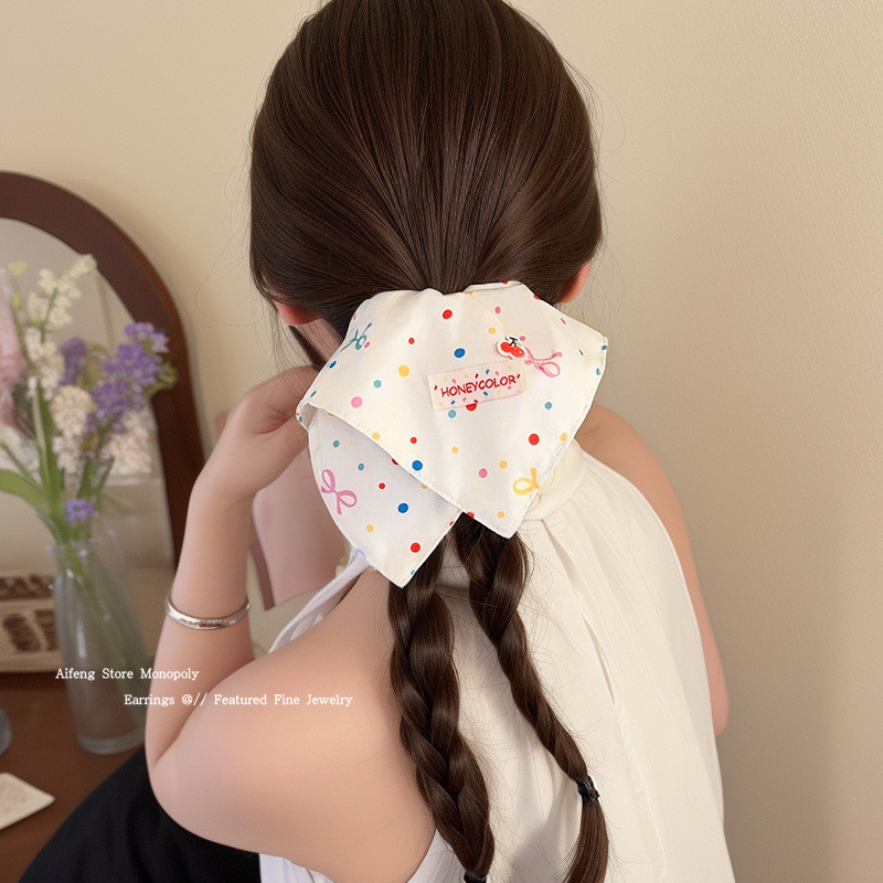 ผ้าพันคอสี่เหลี่ยมสไตล์เกาหลี ลายจุดและดอกไม้ อเนกประสงค์สำหรับผู้หญิง - รูปที่ 4