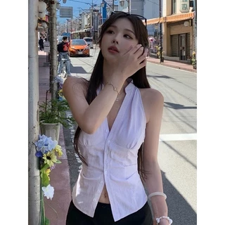 KITTY พร้อมส่ง🌸เสื้อเชิ้ตแขนกุด ชุด2ชั้น สไตล์ลําลอง ปกกระดุมหน้า โชว์ไหล่ เสื้อครอปทรงรัดรูป สําหรับผู้หญิง ลายริ้ว