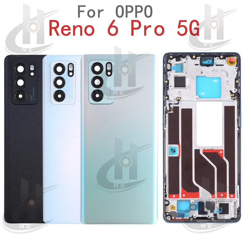สําหรับ OPPO Reno 6 Pro 5G CPH2247 แบตเตอรี่ฝาหลังกรอบกลาง + ปุ่ม + กรอบด้านหน้า LCD + เลนส์กล้อง