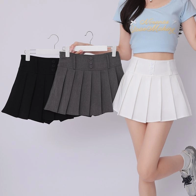 Hermarou S-6XL กระโปรงสั้นผู้หญิง ทรงเอเอวสูง ออกแบบมาพร้อมปุ่มสามปุ่ม เพื่อความสะดวก