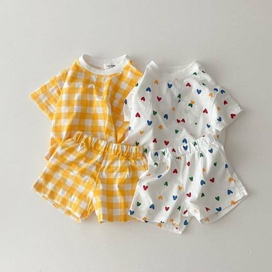 INS Style Infant Refreshing Short Sleeve Suit Love Plaid Casual T-shirt 0C35