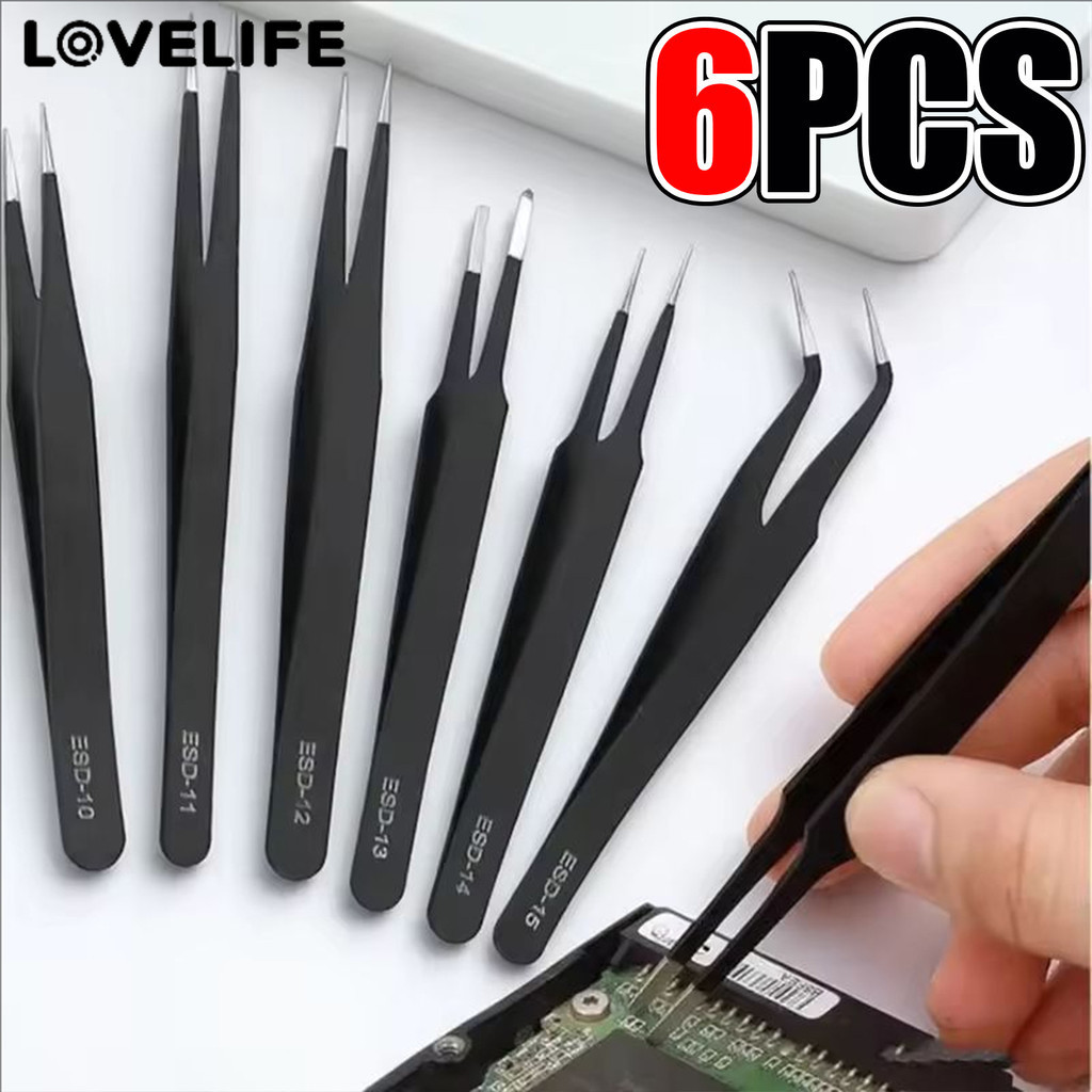 [AUTO&3C]1/6PCS - แหนบสแตนเลสป้องกัน ESD | เครื่องมือที่มีความแม่นยําสําหรับอิเล็กทรอนิกส์และยานยนต์ | พร้อมการออกแบบ Grip Ergonomic (ESD-10 ถึง ESD-15)