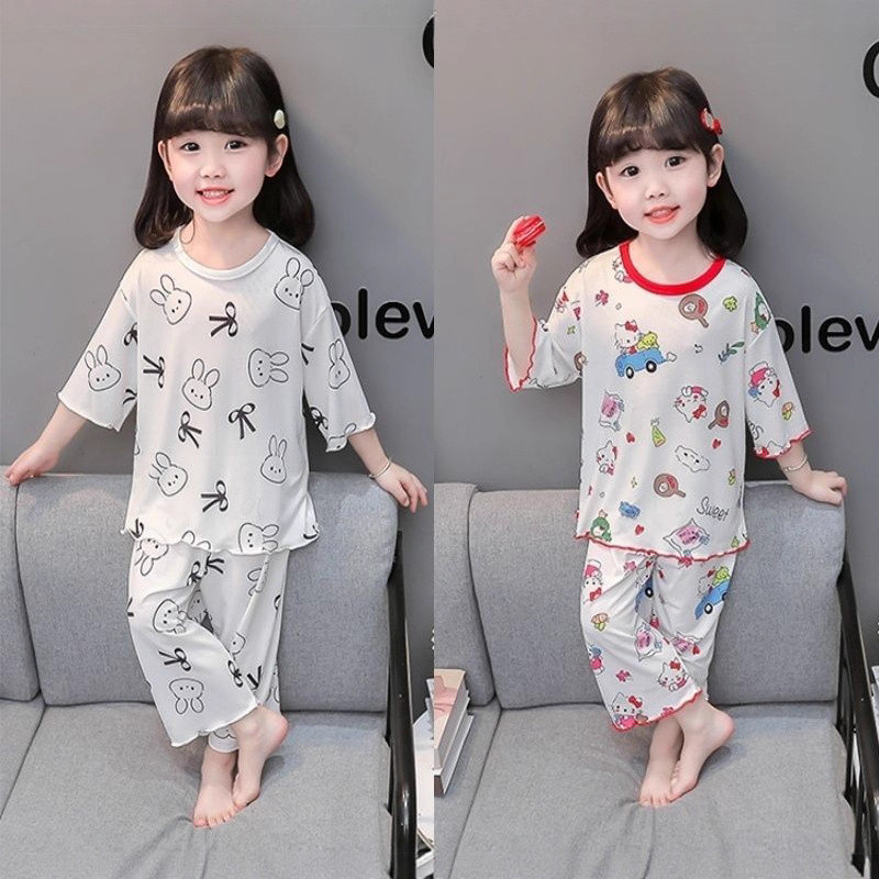 ชุดนอนเด็กผู้หญิง 90-140cm สไตล์หวาน ทำจากผ้าไหมน้ำแข็ง ชุดสองชิ้นสำหรับฤดูร้อน
