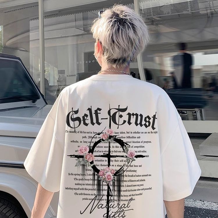 เสื้อยืดแขนสั้นอเมริกันผู้ชาย 2025 วัยรุ่น high street แฟชั่นแบรนด์หล่อพิมพ์ห้า PBeauty式เสื้อยืดแขนส